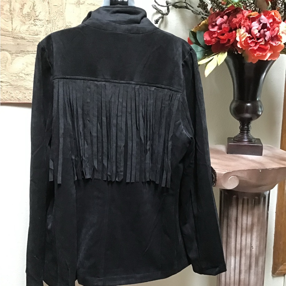 BLACK FAUX LEATHER JACKET, NWT, size Xlg. Fringed front and back - Picture 2 of 11